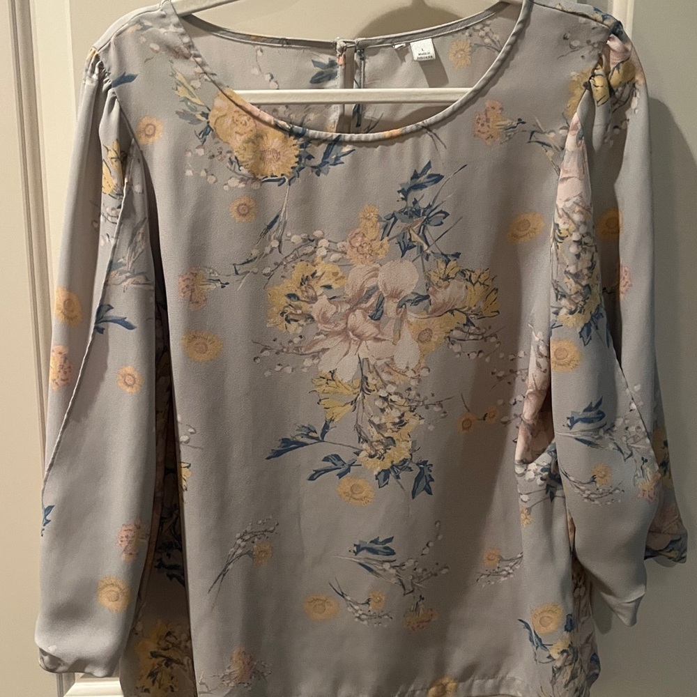 Lt Blue 3/4 Sleeve Floral Blouse with Satin Sheen